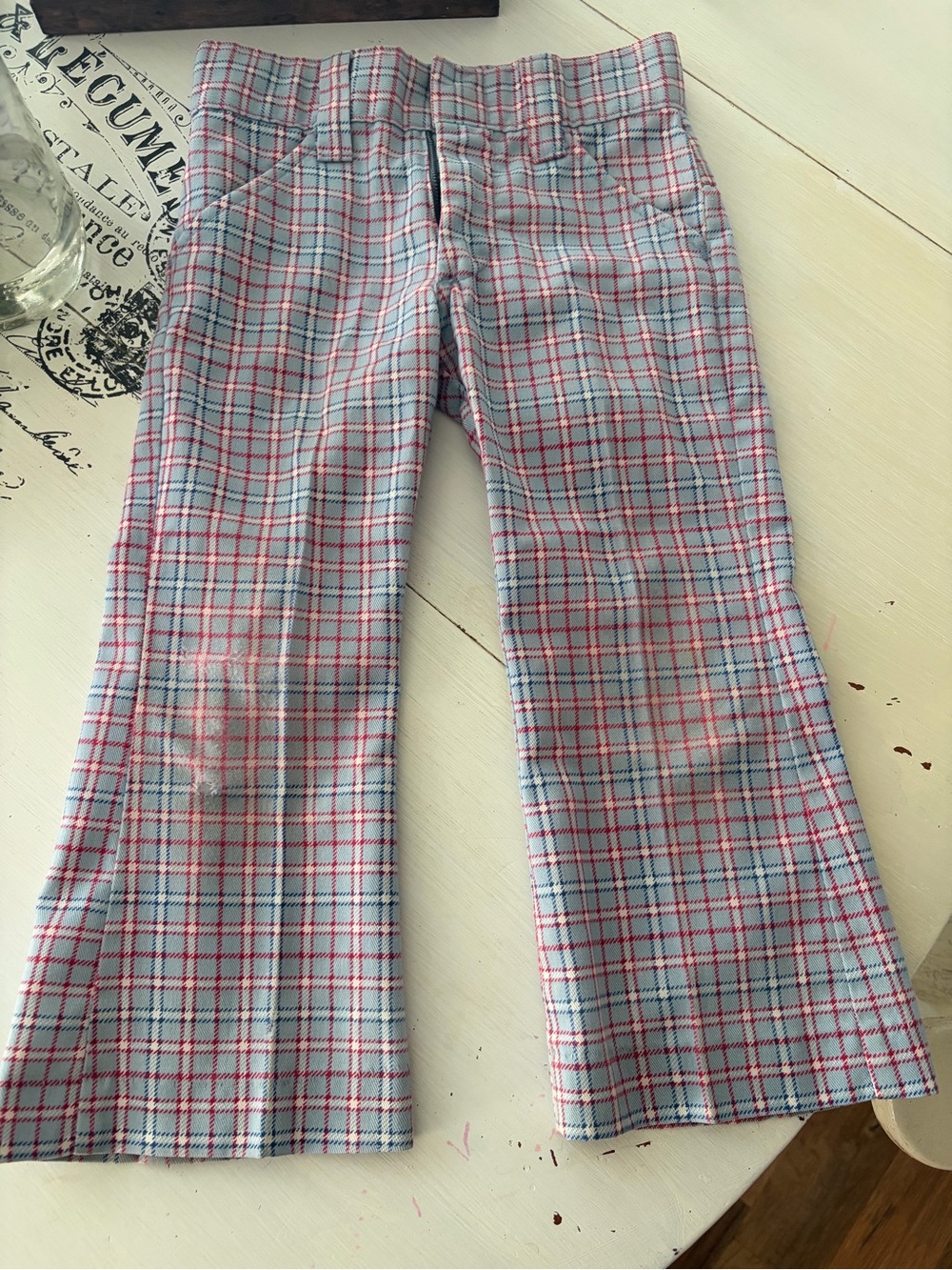 Girls' Plaid Stretch Flare Pants in Blue and Pink